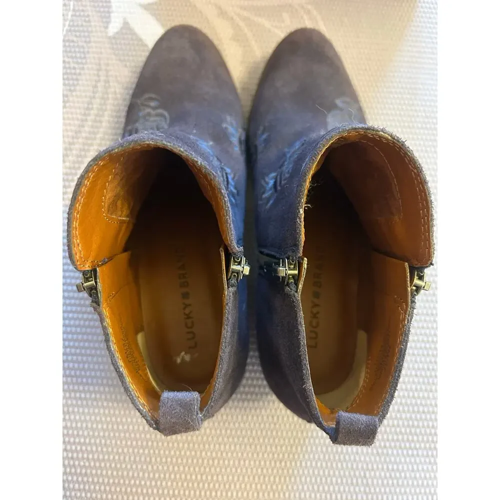 Lucky Brand Navy Blue Suede Ankle Boots Size 7M Floral Rose Embroidery Side Zip
